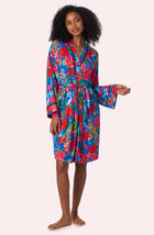 A lady wearing Spencer Knit Robe In Sapphire Safari