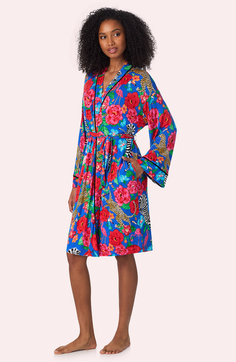 A lady wearing Spencer Knit Robe In Sapphire Safari
