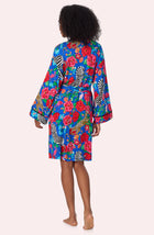 A lady wearing Spencer Knit Robe In Sapphire Safari
