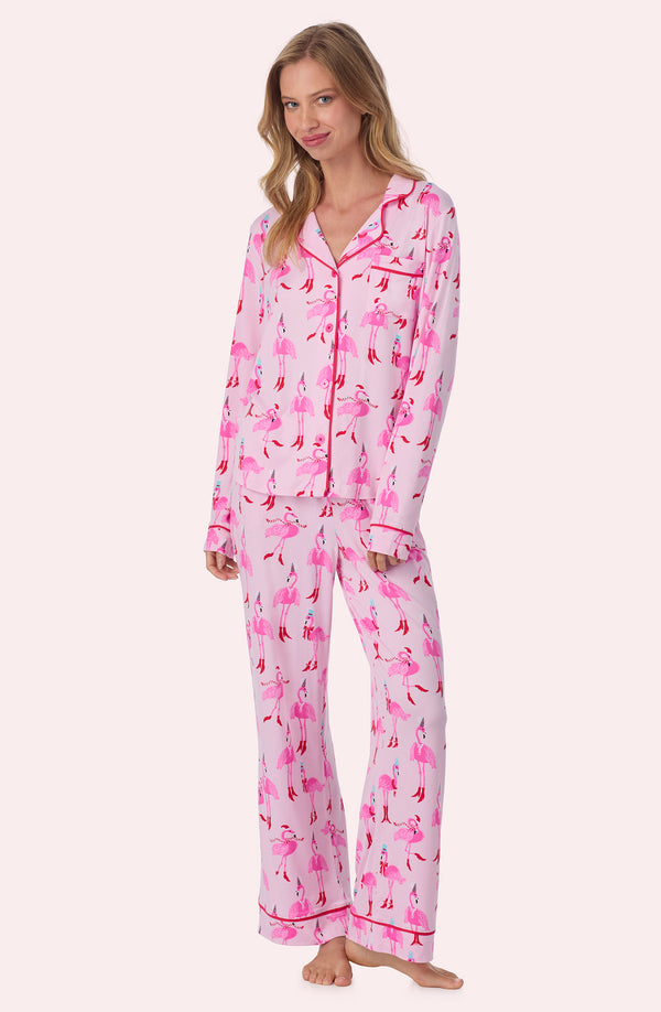 A lady wearing Charlotte Knit Pj Set In Flamingle All The Way