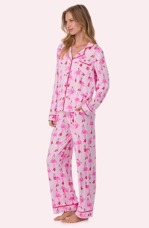A lady wearing Charlotte Knit Pj Set In Flamingle All The Way