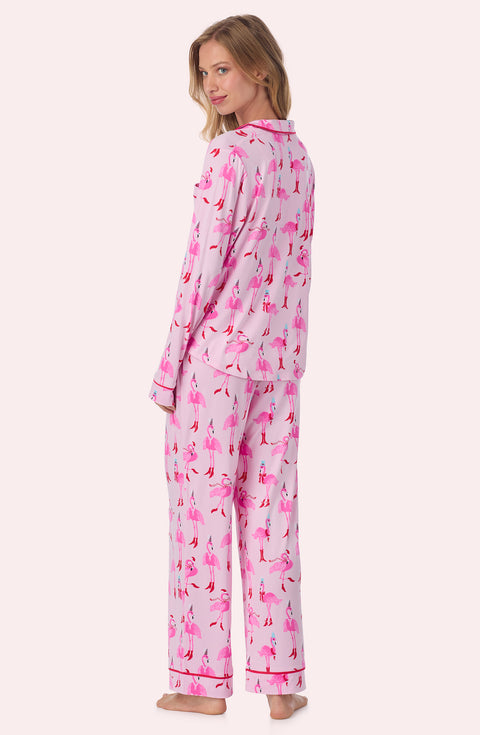 A lady wearing Charlotte Knit Pj Set In Flamingle All The Way