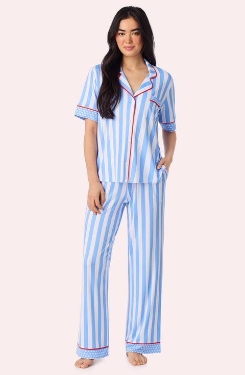 A Lady Wearing Sienna Long Knit Pj Set In True Blue Stripe Front View