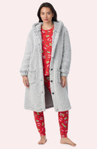 A Lady Wearing Maisie Sherpa Long Jacket In Frosted Slate