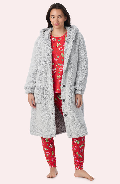 A Lady Wearing Maisie Sherpa Long Jacket In Frosted Slate