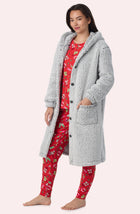 A Lady Wearing Maisie Sherpa Long Jacket In Frosted Slate in a front view, side angle pose
