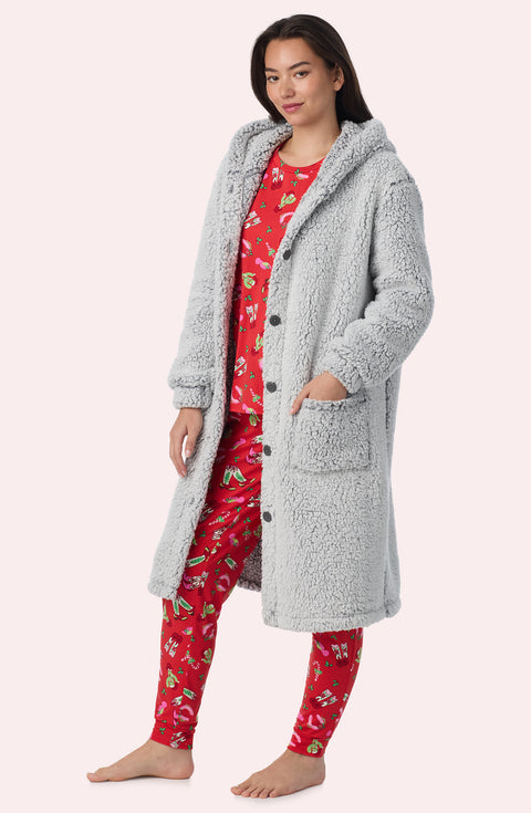 A Lady Wearing Maisie Sherpa Long Jacket In Frosted Slate in a front view, side angle pose