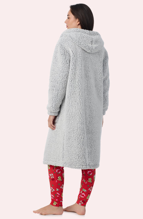 A Lady Wearing Maisie Sherpa Long Jacket In Frosted Slate in a back view pose