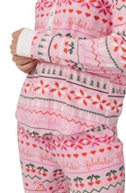 A lady wearing pink Long Sleeve Harper Long Pj Set with Festive Fling print.