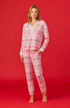 A lady wearing pink Long Sleeve Harper Long Pj Set with Festive Fling print.