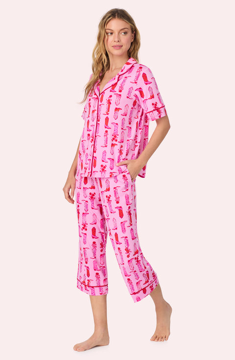 A lady wearing Sienna Cropped Knit Pj Set In Cowgirl Cutie