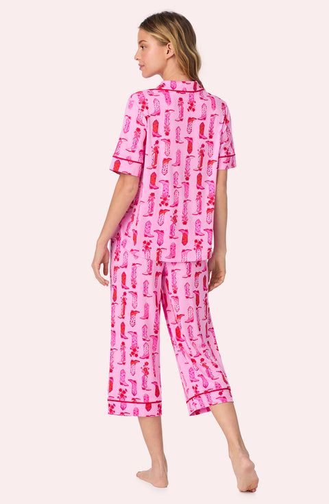 A lady wearing Sienna Cropped Knit Pj Set In Cowgirl Cutie