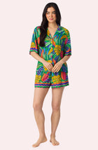 A Lady Wearing Georgia Short Woven Pj Set in Jungle Breeze Front View