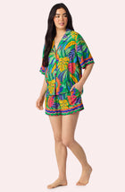 A Lady Wearing Georgia Short Woven Pj Set in Jungle Breeze Side Angle View