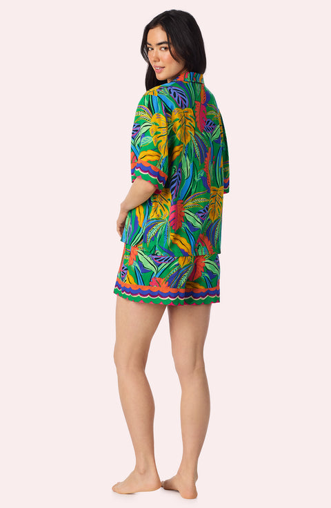 A Lady Wearing Georgia Short Woven Pj Set in Jungle Breeze Back View