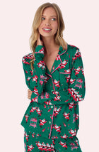 A lady wearing Charlotte Knit Pj Set In Jingle Bell Jive