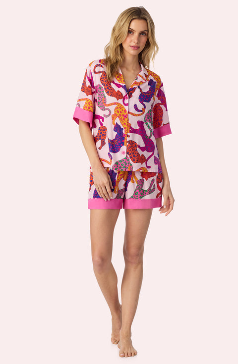 A Lady Wearing Georgia Short Woven PJ Set in Pink Prowler Front View