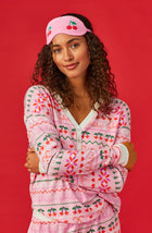 A lady wearing pink Long Sleeve Harper 3 Pc Set with Festive Fling print.