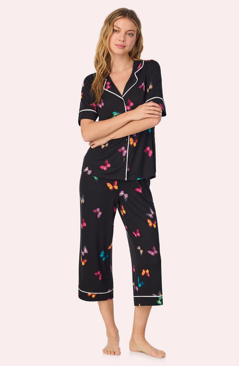A lady wearing Sienna Cropped Knit Pj Set In Midnight Butterfly