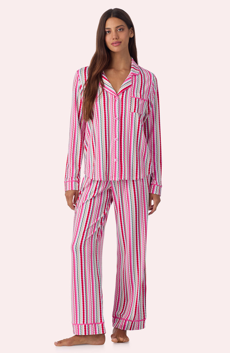 A lady wearing Charlotte Knit Pj Set In Sweet Stripe