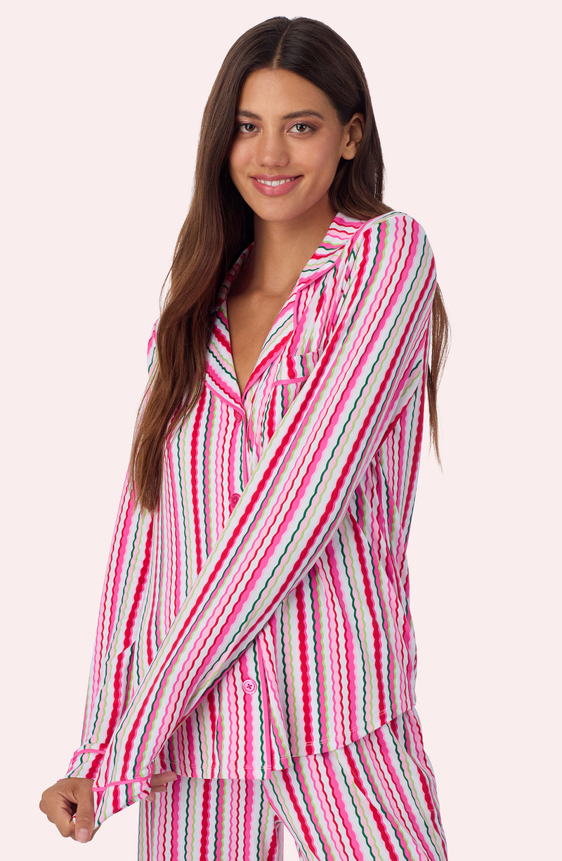 A lady wearing Charlotte Knit Pj Set In Sweet Stripe