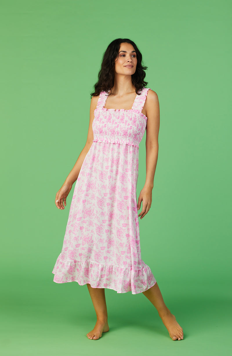 A lady wearing green sleeveless Willow Chemise In Sweetheart Floral with flowers print