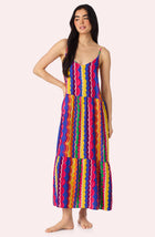 A Lady Wearing Layla Woven Chemise In Fiesta Stripe Front View