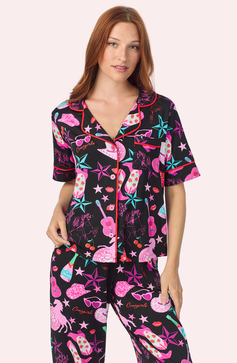A lady wearing Arizona Long Knit Pj Set In Honky Tonk Angel