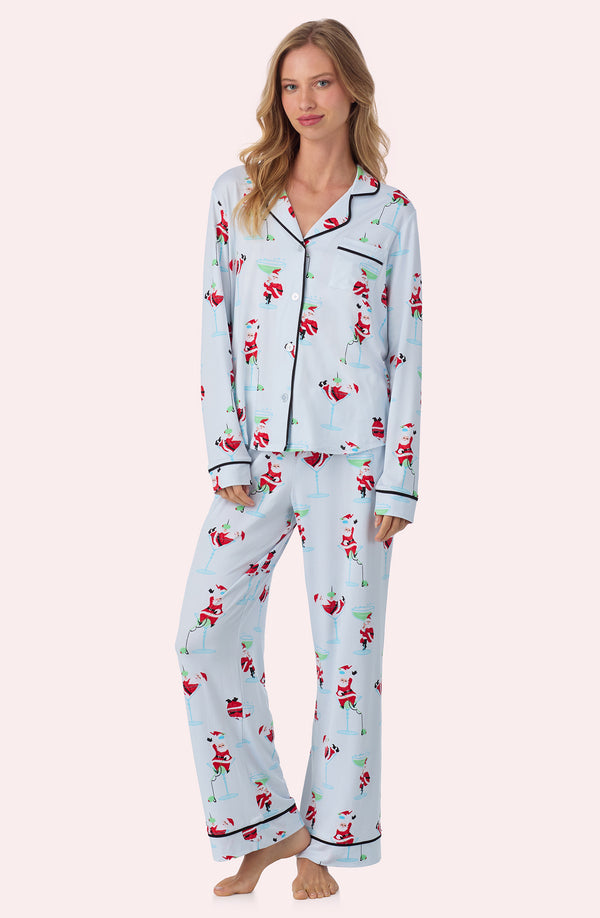 A lady wearing Charlotte Knit Pj Set In Ice Blue Sippin' With Santa