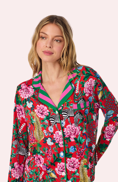 A lady wearing Collette Knit Pj Set In Scarlet Safari