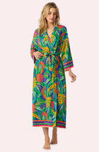 A Lady Wearing Cara Woven Robe In Jungle Breeze Front View