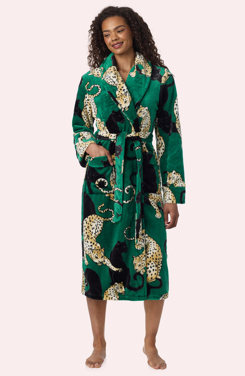 A Lady Wearing Risa Chenille Robe In Panthera Glam