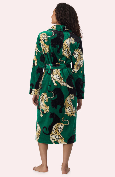 A Lady Wearing Risa Chenille Robe In Panthera Glam in a back view pose