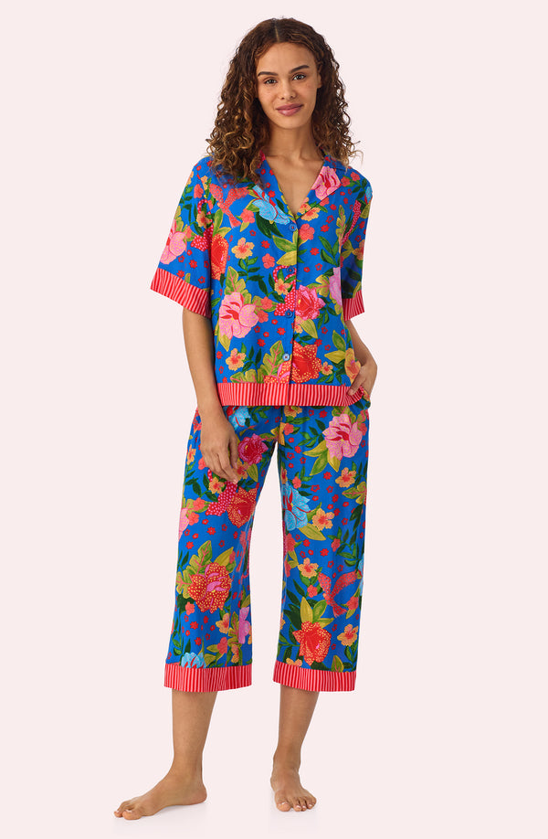 A lady wearing Georgia Cropped Woven Pj Set In Floral Fiesta