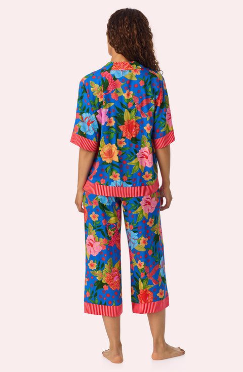 A lady wearing Georgia Cropped Woven Pj Set In Floral Fiesta