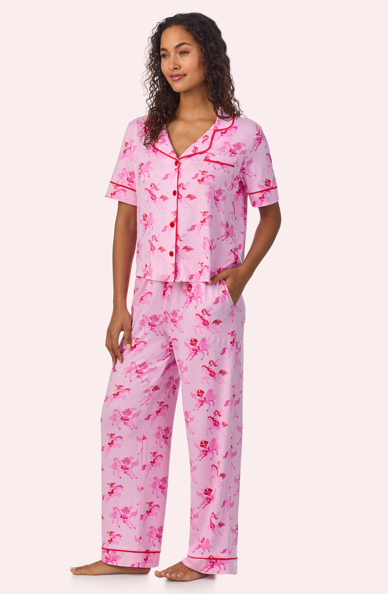A lady wearing Arizona Long Knit Pj Set In Cowgirl Sweetheart