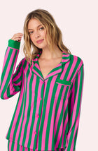 A lady wearing Collette Knit Pj Set In Fuchsia And Fern