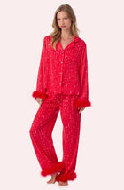 A lady wearing Ariana Woven Pj Set In Scarlet Sequins