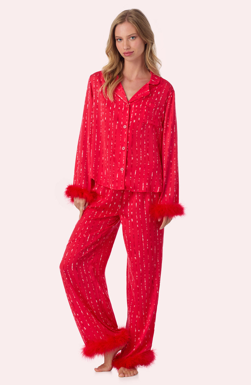 A lady wearing Ariana Woven Pj Set In Scarlet Sequins