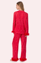 A lady wearing Ariana Woven Pj Set In Scarlet Sequins