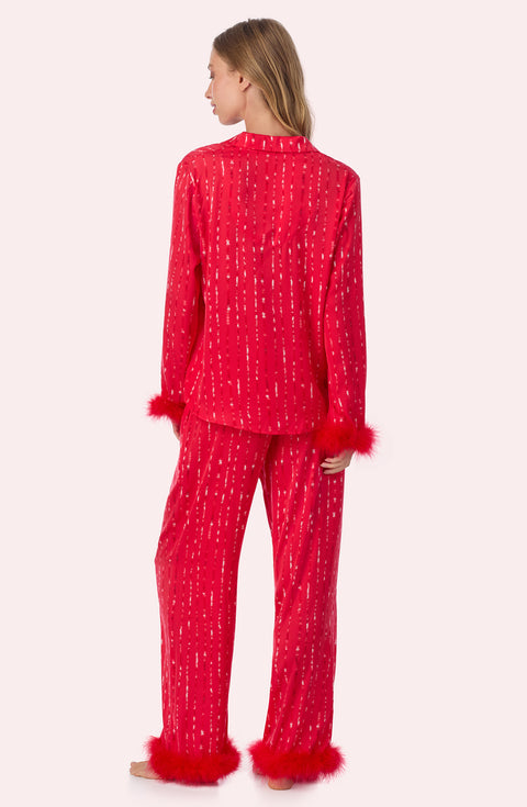 A lady wearing Ariana Woven Pj Set In Scarlet Sequins