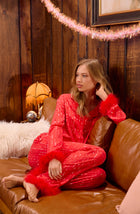 A lady wearing Ariana Woven Pj Set In Scarlet Sequins