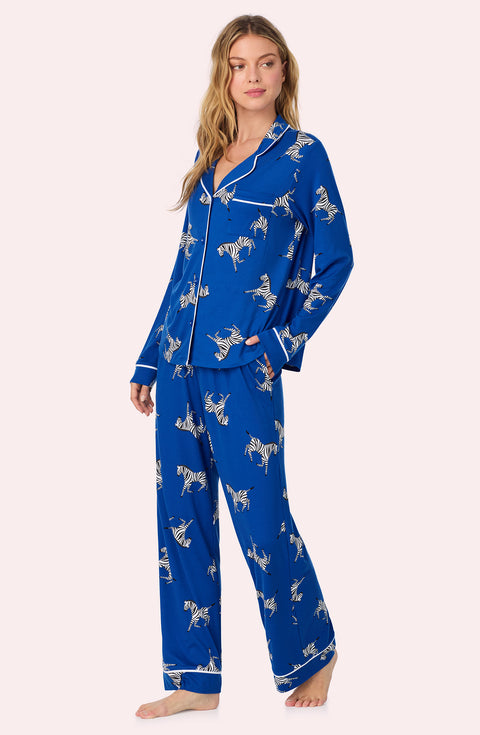 A lady wearing Collette Knit Pj Set In Cobalt Zebra