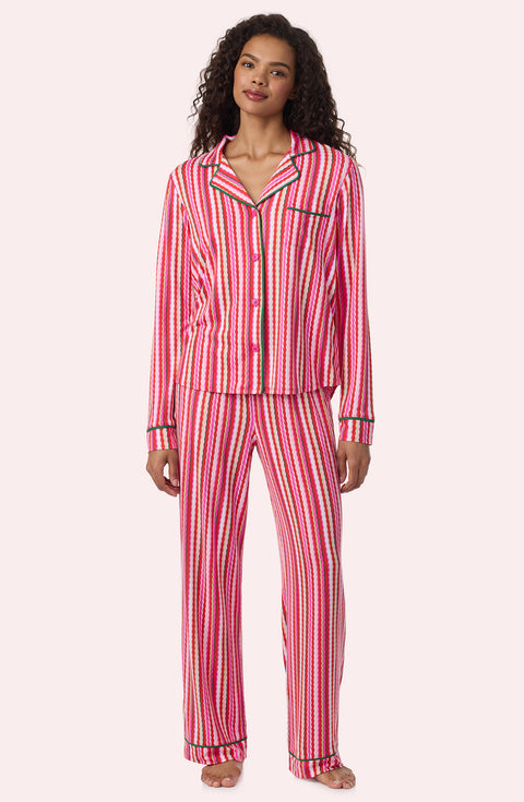 A Lady Wearing Collette Knit Pj Set In Sugar Stripe