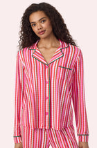 A Lady Wearing Collette Knit Pj Set In Sugar Stripe in a front facing closer look