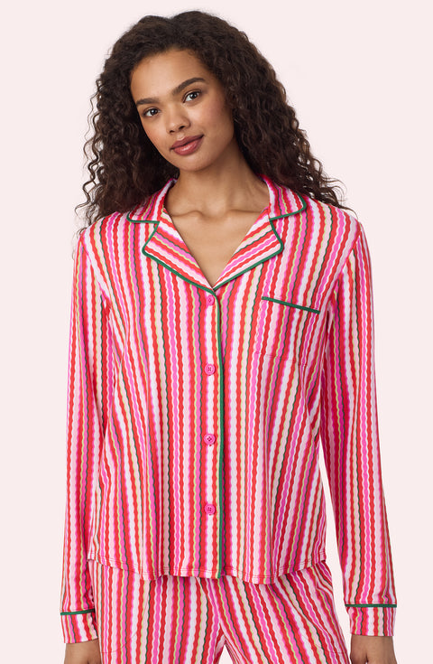 A Lady Wearing Collette Knit Pj Set In Sugar Stripe in a front facing closer look