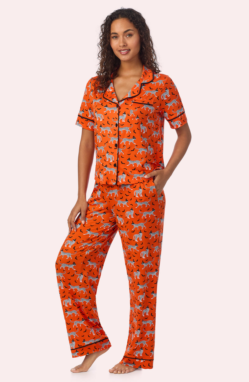 A lady wearing Arizona Long Knit Pj Set In Spooky Season