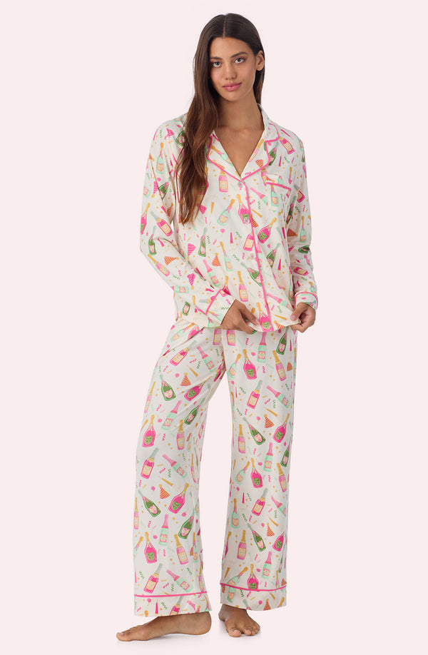 A lady wearing CHARLOTTE KNIT PJ SET IN FIZZ THE SEASON
