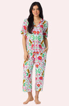A Lady Wearing Dakota Cropped Knit Pj Set In Rainforest Escape facing front view