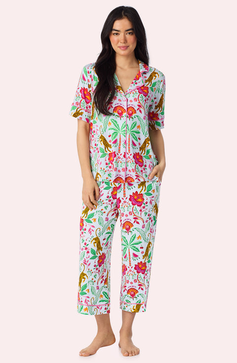 A Lady Wearing Dakota Cropped Knit Pj Set In Rainforest Escape facing front view